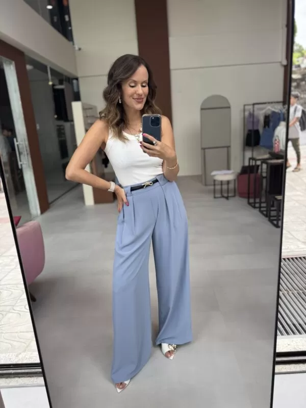 Calça Pantalona de Crepe com Cinto - Azul Claro - Image 4