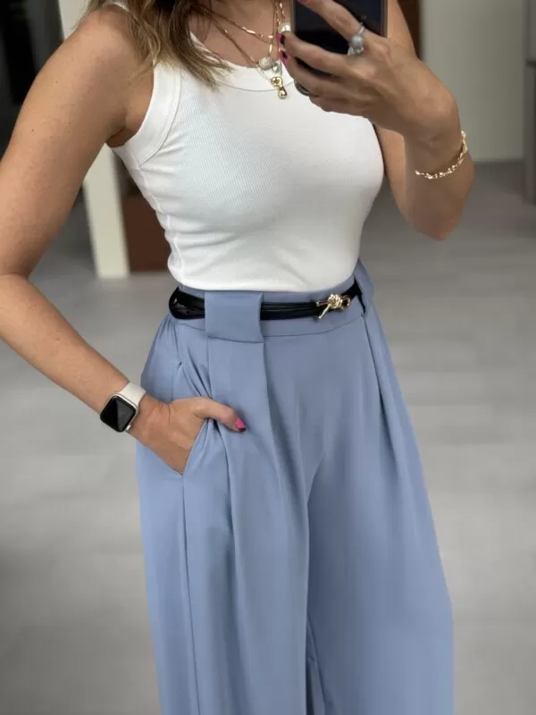 Calça Pantalona de Crepe com Cinto - Azul Claro - Image 2